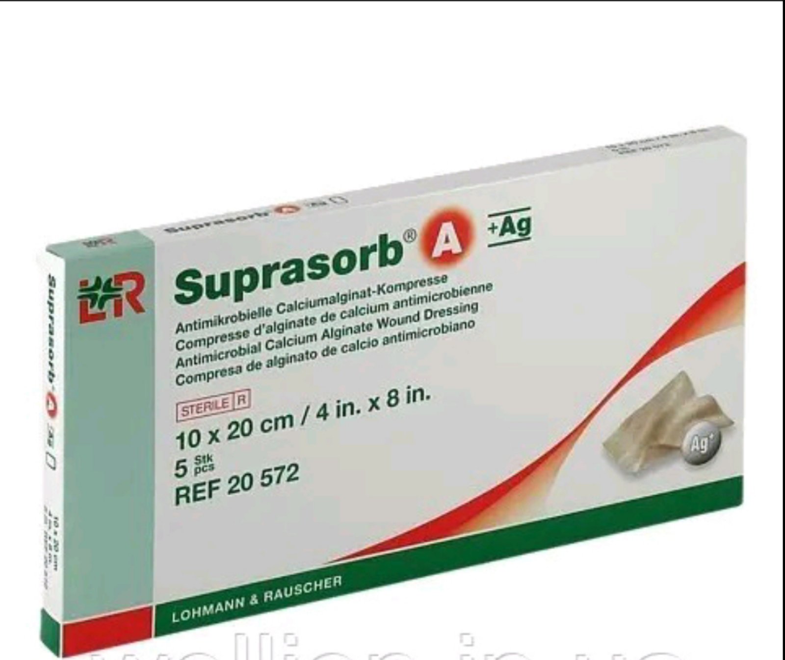 Антимікробная пов'язка з кальцію альгінату, стерильна Suprasorb A+Ag, 10*20см, 5шт